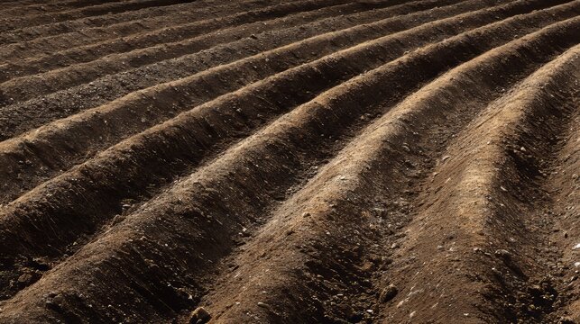Furrowed, freshly tilled soil, ready for planting, forms a repetitive pattern across the image. Brown earth is illuminated