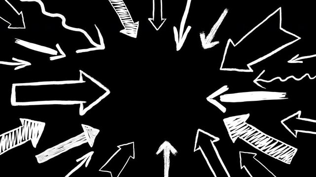 Collection of doodle animation white textured chalk sketch arrows directing focus to middle empty copy space. Dynamic abstract motion background for marketing, attention concept and infographic motion