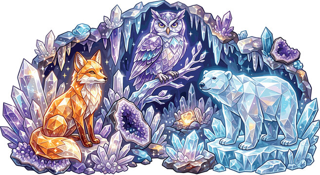 Magical crystal cave vector illustration featuring low poly geometric fox owl and polar bear among quartz and amethyst geode crystals
