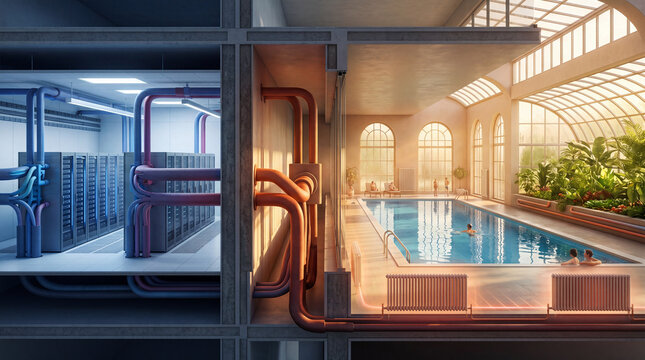 Data center cooling system transfers heat from server racks to a heated indoor swimming pool greenhouse in a sustainable circular energy exchange architecture with golden hour ambient lighting.