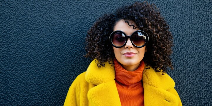 Woman with curly hair wears yellow coat and large sunglasses. She poses against a dark textured wall. Her outfit is bright and fashionable, suitable for urban settings.