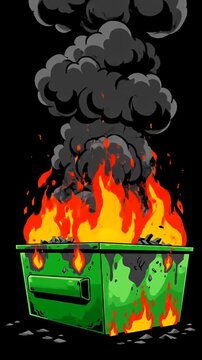 Burning dumpster with thick black smoke.