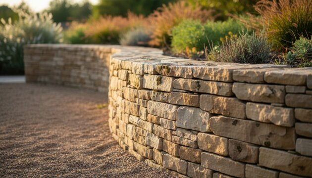 Curved natural stone retaining wall in a modern landscape garden design featuring xeriscape plants and gravel path