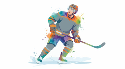 Fototapeta premium Dynamic Hockey Player in Action, Watercolor Splatter Style, Wearing Gray and Orange Uniform, Holding Stick, Skating on Ice with Water Splash Effects, White Background, Vector Illustration