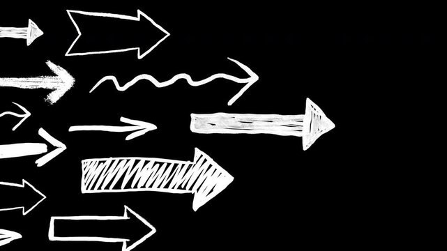 Stream of white textured chalk sketch arrows pointing and rushing forward to right side. Concept of speed, teamwork, progress, navigation and goal achievement for dynamic doodle 2d motion design.