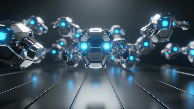 Floating metallic nanobots move in synchronized formation with blue energy reflections on polished titanium surfaces, creating futuristic robotics technology background with generous copy space.