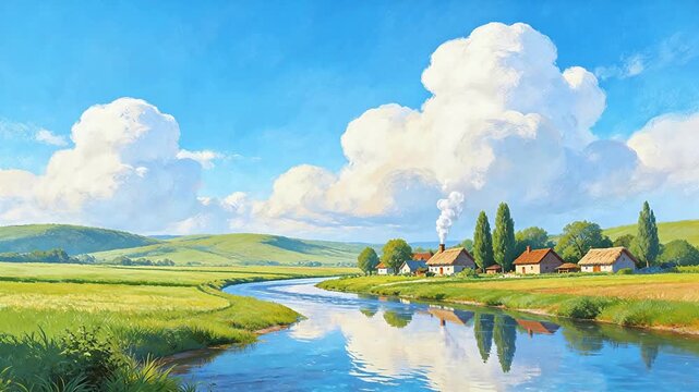 Rural landscape with river and houses