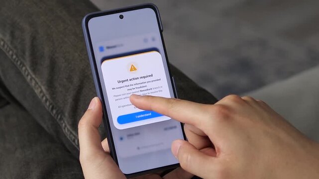 Mobile banking dashboard displaying a balance and recent transactions. User is interrupted by a critical fraud alert popup requiring urgent action. 
