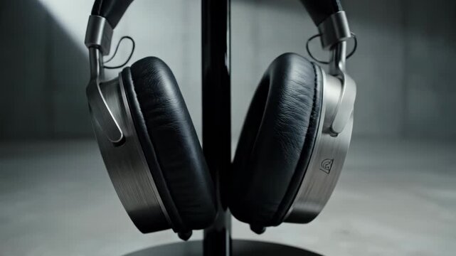 Professional silver metallic over-ear headphones with black leather cushions mounted on a glossy stand within a minimalist industrial concrete room with soft dramatic lighting.