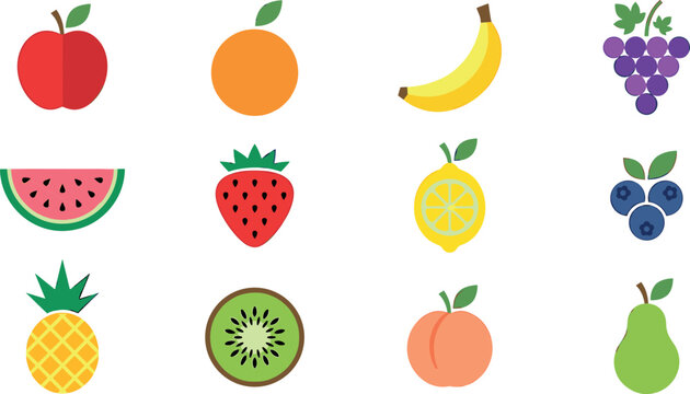 Minimalist flat design fruit icons set featuring clean graphic style apple orange banana grape watermelon and strawberry vector illustration