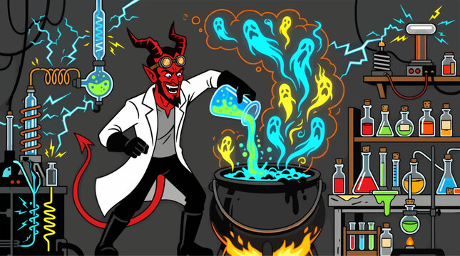 Mad Scientist Devil in Lab Coat Pouring Bubbling Potion into Cauldron, Creating Ghosts, Surrounded by Electrical Equipment and Glassware, Flat Vector Illustration