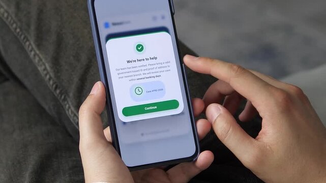 Digital customer support journey in a banking app. User responds to a fraud warning and receives a case number with clear next steps. Great for customer service flows, incident management tools
