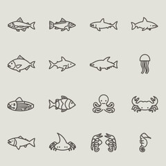 Obraz premium Marine life icons featuring various fish sharks crabs and octopus in a minimalist line art style.