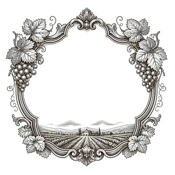 Ornate grapevine frame with vineyard landscape illustration