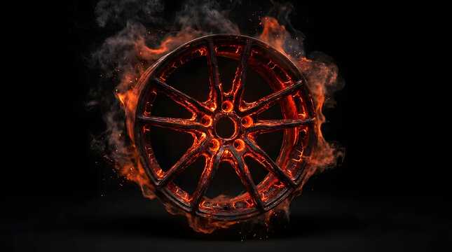 Custom sports car alloy wheel rim burning with hot magma lava texture and fiery smoke isolated on black background. High performance concept