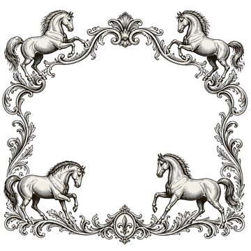 Ornate horse frame design with intricate scrollwork and monochrome illustration
