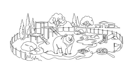 Naklejka premium Bear Habitat Illustration, Zoo Enclosure with Play Structure, Rocks, and Naturalistic Elements