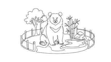 Hand-drawn single line art of a panda bear sitting in an enclosure with bamboo and trees. © Ahmad