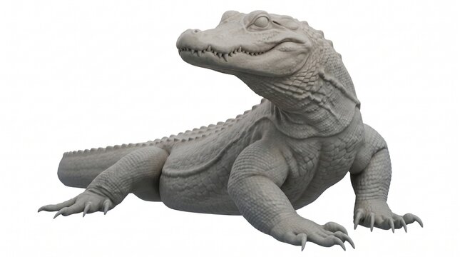Detailed Grey Crocodile Sculpture 3D Render Isolated On White Background, Digital Art Asset For Gaming And Character Design