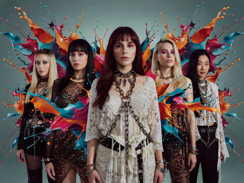 Diverse group of stylish models posing against vibrant abstract paint splashes background