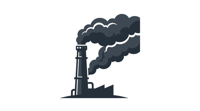 A stylized graphic illustration of a factory smokestack emitting thick dark pollution clouds.