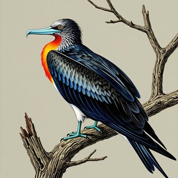 Magnificent frigatebird male perched on dry branch. Seabird has vibrant red throat pouch. Exotic bird displays large blue beak, orange eyes. Detailed wildlife illustration.