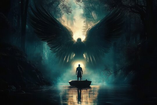 man on boat facing a legendary angel in the dark forest hd wallpaper