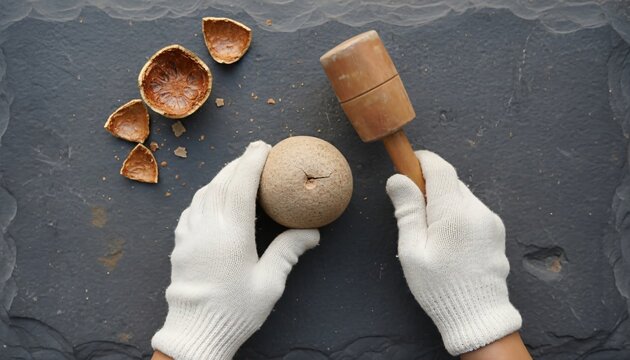 Cracking Open Bael Fruit with Wooden Mallet