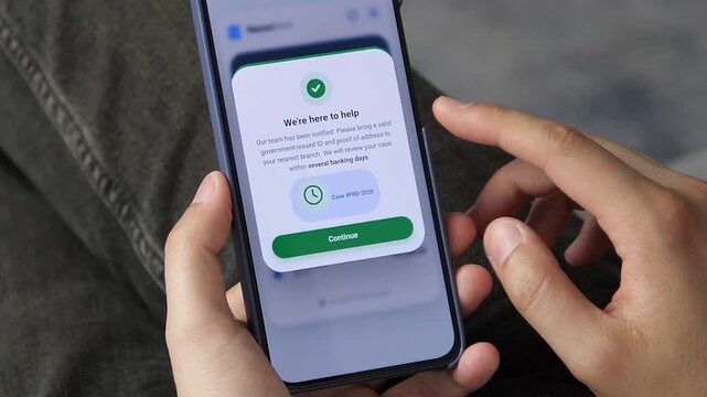 Mobile banking app showing a reassuring fraud resolution popup. User is guided to bring ID to a branch with a case number. 