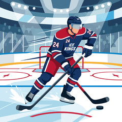 Obraz premium A professional hockey player skating on an indoor ice rink arena