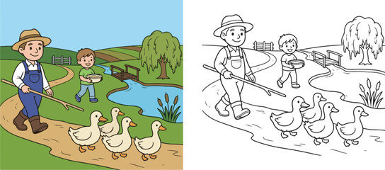 Fototapeta premium farmer guiding friendly ducks to a peaceful farm pond cartoon clipart and lineart print vector illustration for school educational color coloring book