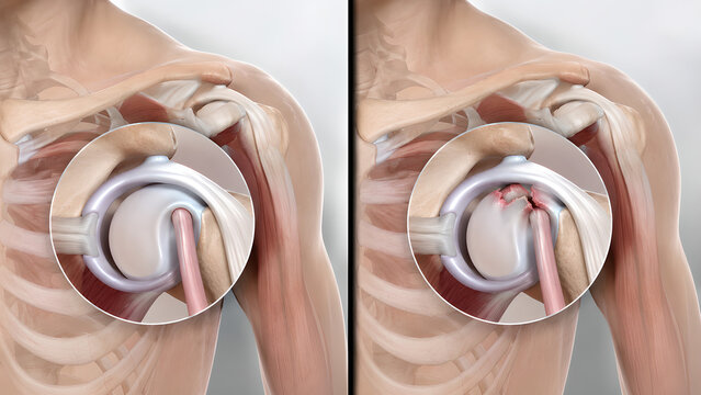 Shoulder labral tear SLAP lesion comparison medical illustration showing normal glenohumeral joint versus injured superior labrum for orthopedic education, sports medicine, and patient care design