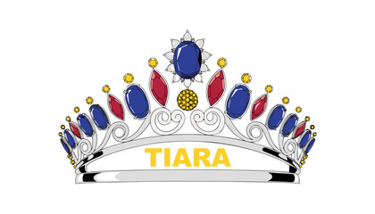 Very beautiful realistic vector illustration of a royal tiara featuring sparkling gemstones, polished silver frame, elegant crown design, and a bold label reading "TIARA", isolated on white background © williamnoah