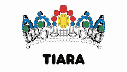 Very beautiful realistic vector illustration of a royal tiara featuring sparkling gemstones, polished silver frame, elegant crown design, and a bold label reading "TIARA", isolated on white background © williamnoah