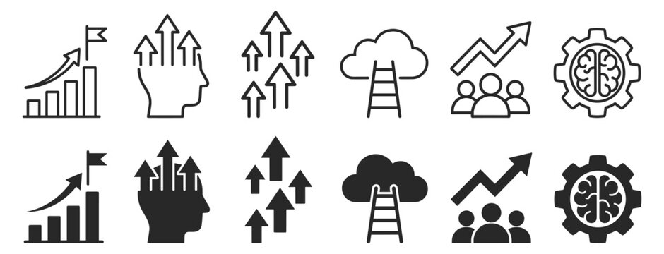 Set of business and growth icons including bar chart with flag, head with arrows, arrows pointing up, cloud with ladder, group with growth arrow