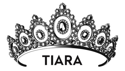 Very beautiful black and white realistic vector illustration of a royal tiara featuring engraved gemstones, bold label reading "TIARA", detailed crown linework, isolated on white background. © williamnoah