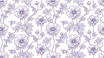Obraz premium Seamless pattern with hand drawn purple flowers and leaves on a white background