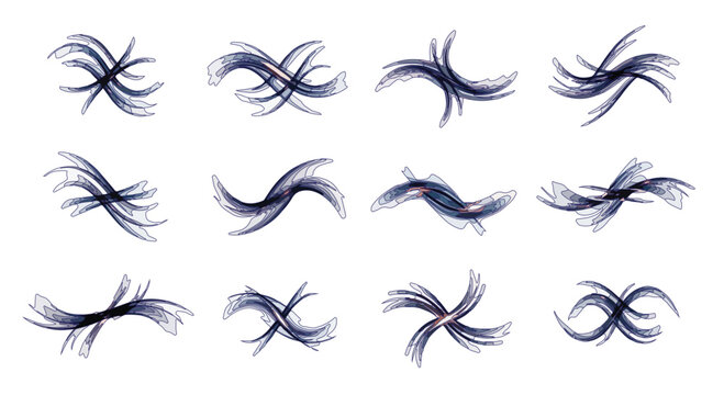 Abstract blue wave brush strokes set, 12 decorative curved line elements, elegant swirling motion vector graphics for logo design and branding