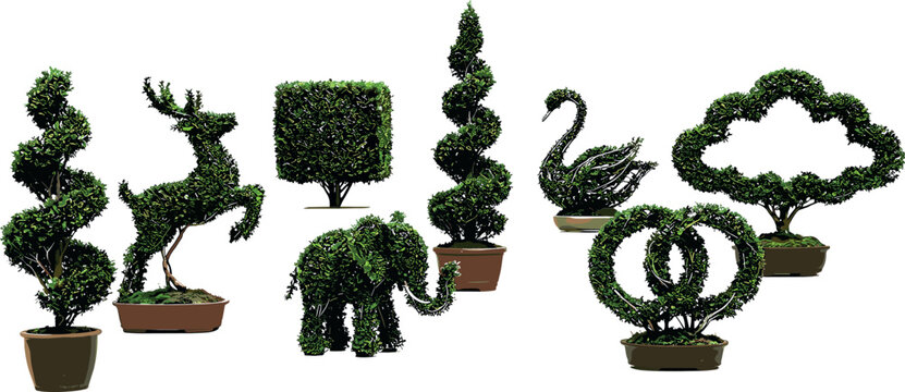 Topiary garden bushes and trees vector set with sculpted animal shapes and spirals isolated on white background for design