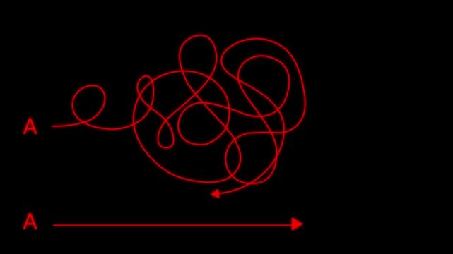 Complex and easy way from point A to B. hand drawn doodle scribble chaos path lines. kids tracing paths, problem solving, decision making maze navigation black background 4k motion graphics.