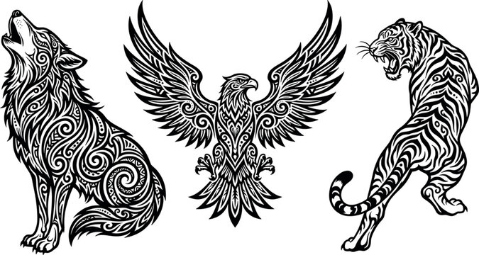 Tribal tattoo style animal silhouettes featuring detailed swirling pattern roaring wolf flying eagle and leaping tiger