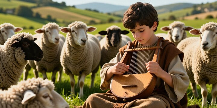 Young shepherd boy plays lyre music outdoors surrounded by sheep flock on green grassy hill. Peaceful pastoral scene evokes calm, faith, and biblical story of David playing for his animals.