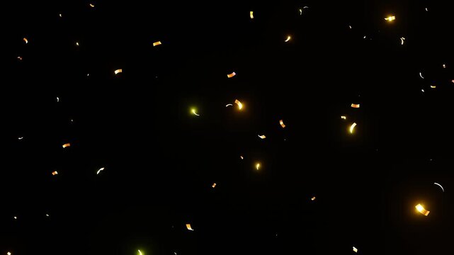 bright golden confetti falling 4k, realistic sparkling ribbons and pieces animation, celebration overlay on black screen, soft motion with light glow, alpha channel seamless loop