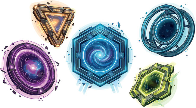 Sci-fi cosmic portal frames vector set featuring futuristic glowing tech wormholes starry space vortex and alien geometric gateways,