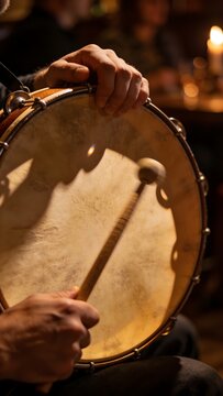 Bodhr&aacute;n Drum Traditional Irish Music Session Hands Playing Tipper Motion Blur Pub Event