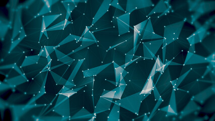 Abstract futuristic digital network background featuring glowing nodes, polygon mesh and connected lines. Ideal for AI technology, blockchain, cloud computing, scientific research and cybersecurity. © Phakhawat