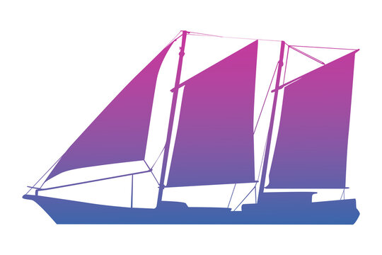Traditional Schooner Sailing Ship Silhouette with Purple and Blue Gradient Isolated on Transparent Background