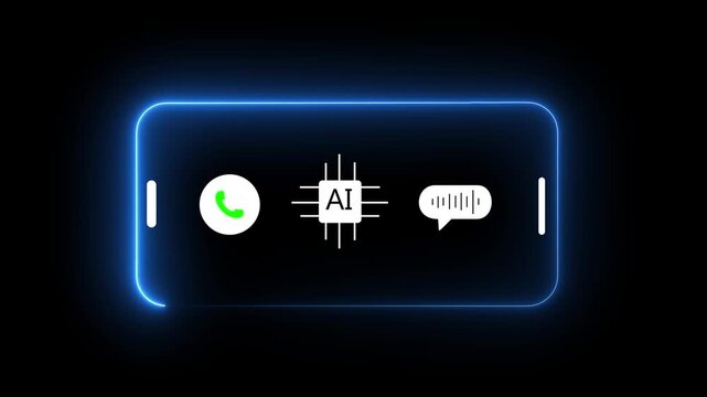 Neon cyan glowing horizontal smartphone outline animation displaying a phone call icon connecting via AI processor chip to a white audio voice message speech bubble on black background stock video
