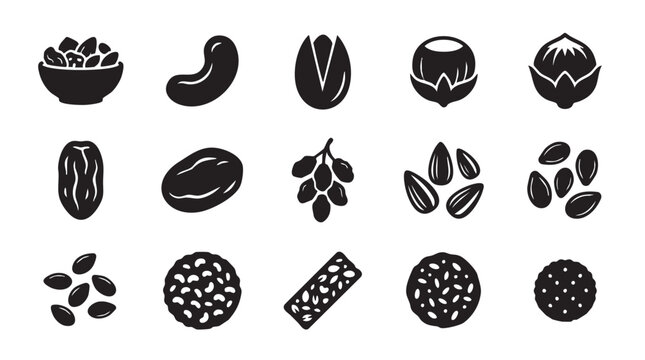 Black icons of various nuts and seeds, 20 food symbols, vector graphics