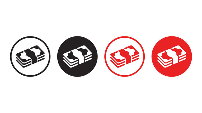 Money Stack Icon Set in Black and Red Circular Variations